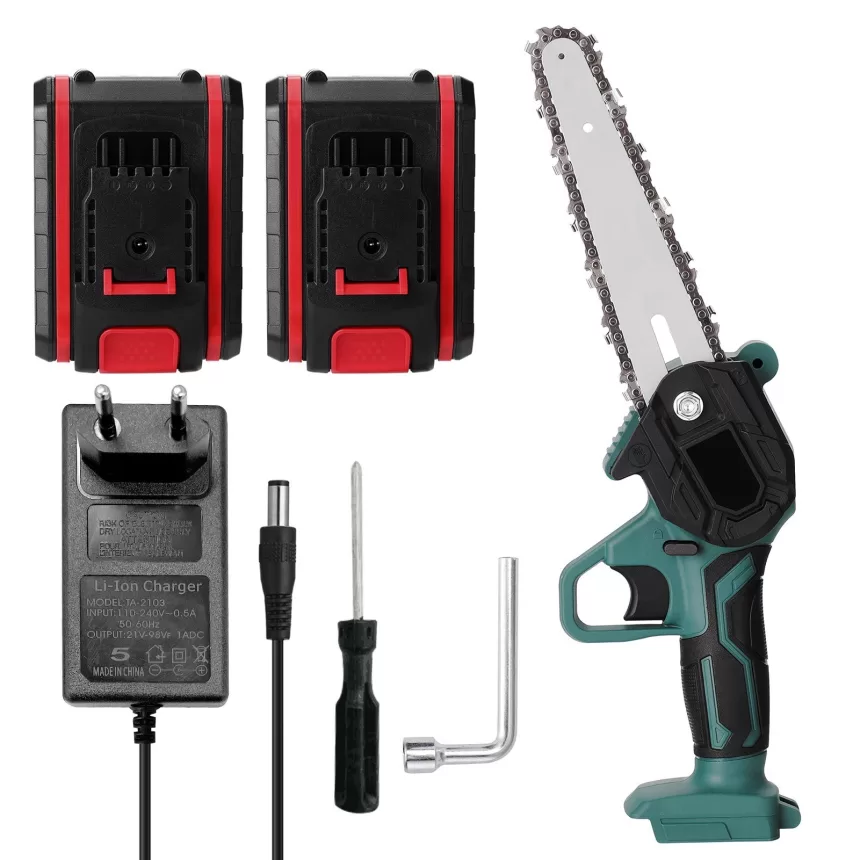 21V Two Battery Portable Mini Electric Pruning Saw Rechargeable Small Wood Spliting Chainsaw One-handed Woodworking Tool for Garden Orchard Branch Clip