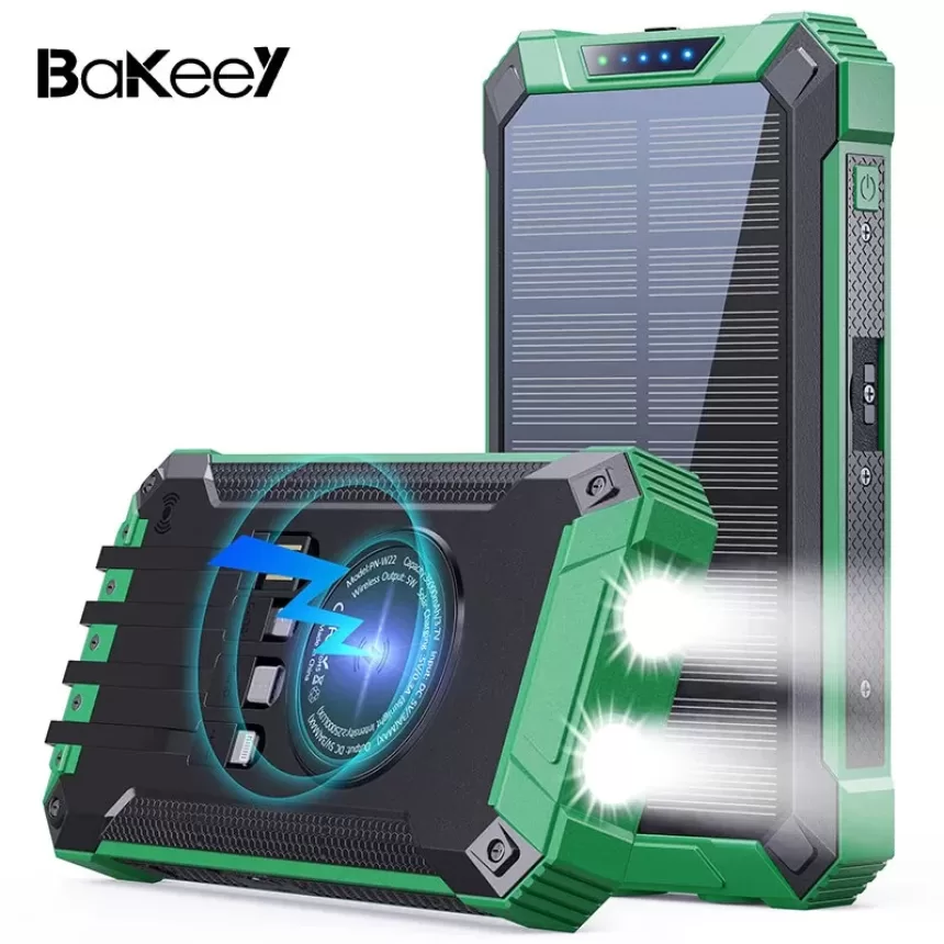 [EU Direct]Bakeey 36000mAh 15W Solar Power Bank Wireless Charging External Battery Power Supply with LED Torch 3 Inputs & 4 Outputs Fast Charging for iPhone 15 14 13 for Xiaomi 14pro for Huawei Mate60 Pro for Samsung Galaxy S24 - Green Built in 4 Cables