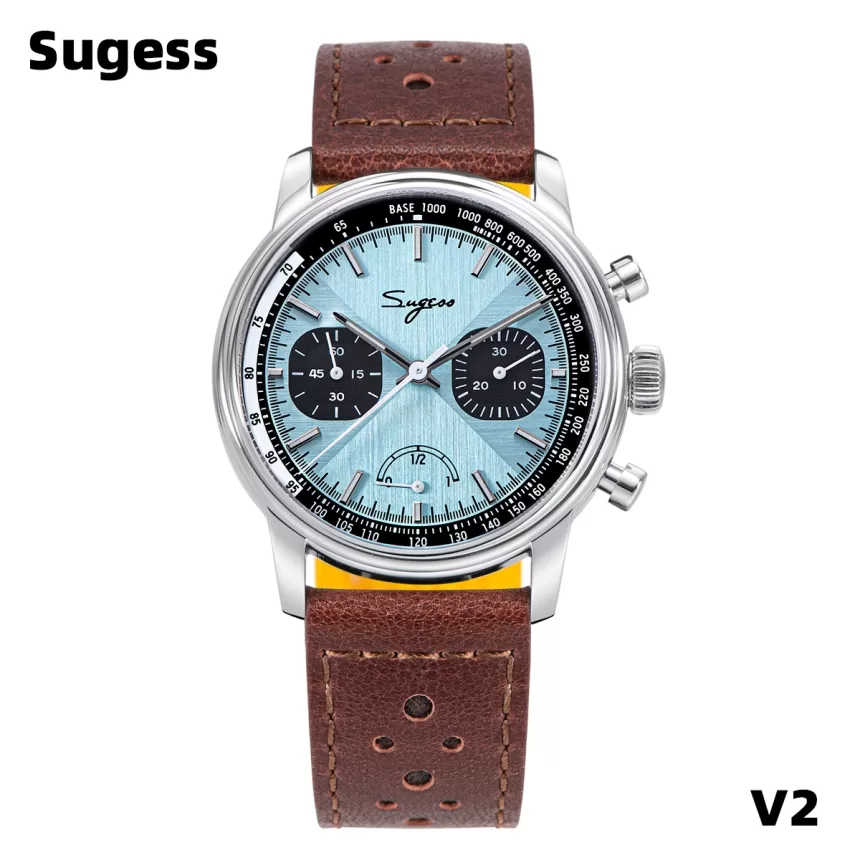 Sugess Pilot Watch Men ST1906 Movement Handwind Chronograph Wristwatches Sapphire Waterproof Hand Wind PowerReserve Luminous V2