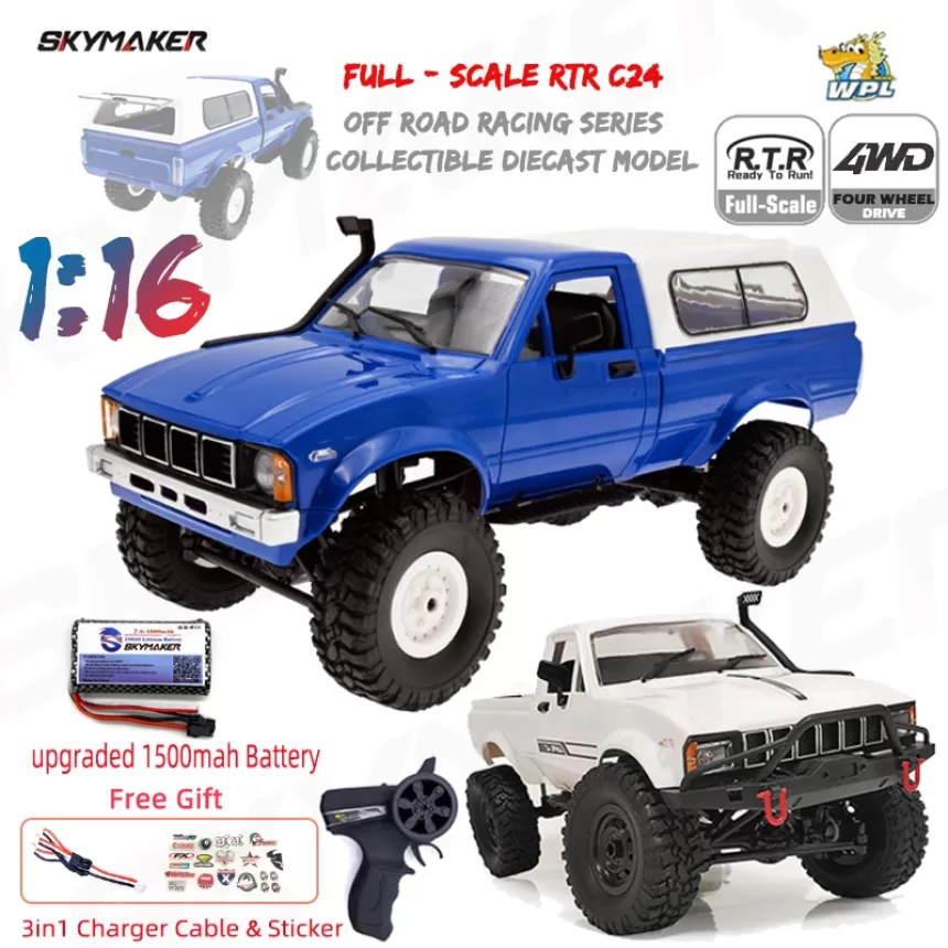 WPL C24-1 Full Scale RC Car 1:16 2.4G 4WD Rock Crawler Electric Buggy Climbing Truck LED Light On-road 1/16 For Kids Gifts Toys