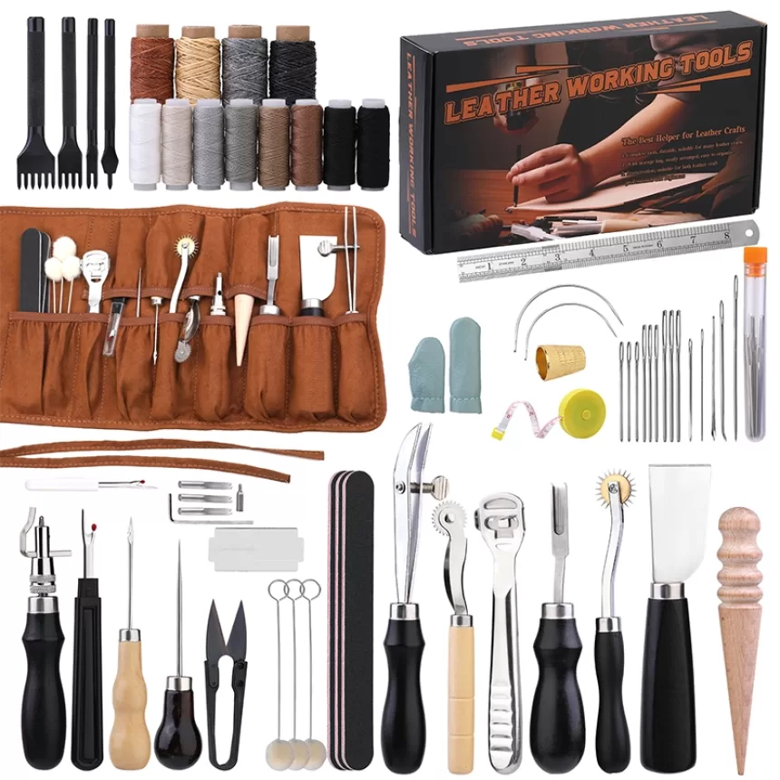 KRABALL Professional Leather Craft Tool Kit Hand Sewing Repair Kit Wax Thread Stitching Punch Carving Work Groover DIY Tool Set