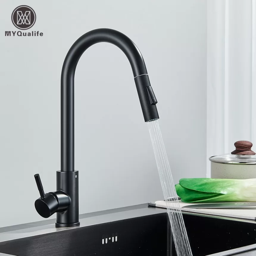 Black Kitchen Faucet Two Function Single Handle Pull Out Mixer Hot and Cold Water Taps Deck Mounted