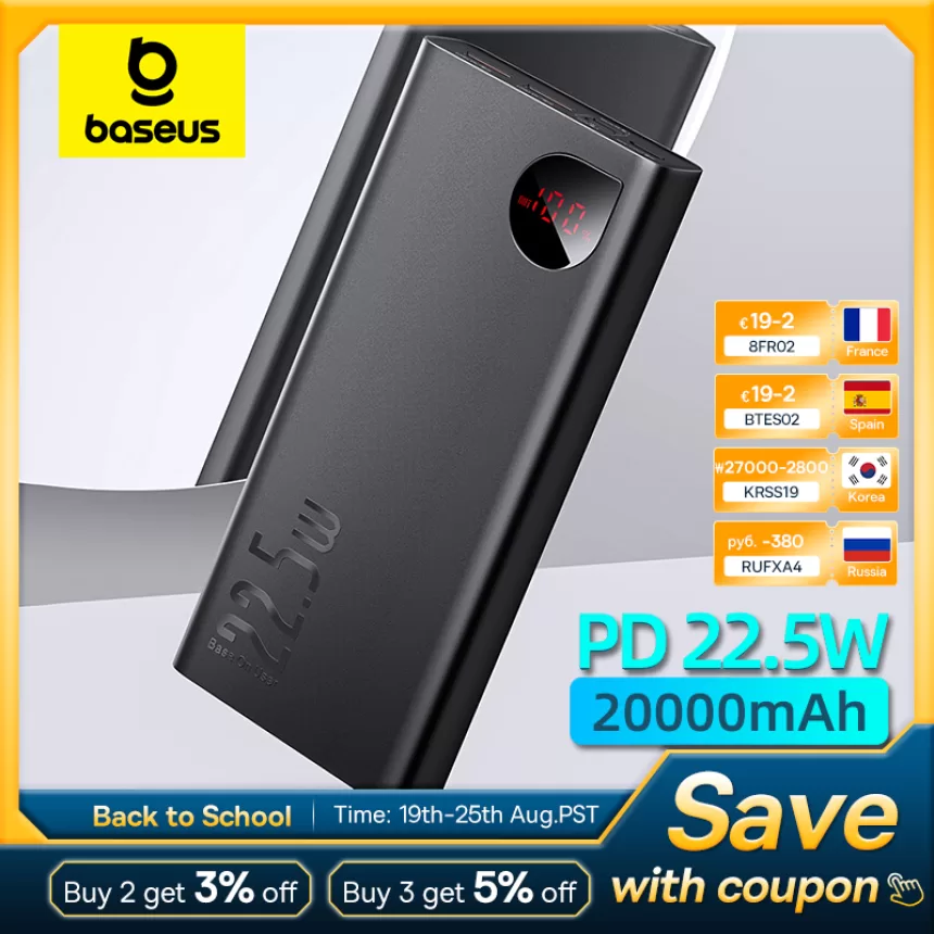 Baseus 22.5W Power Bank 20000mAh Portable Fast Charging Powerbank Type C PD Qucik Charge External Battery Charger For iPhone 15