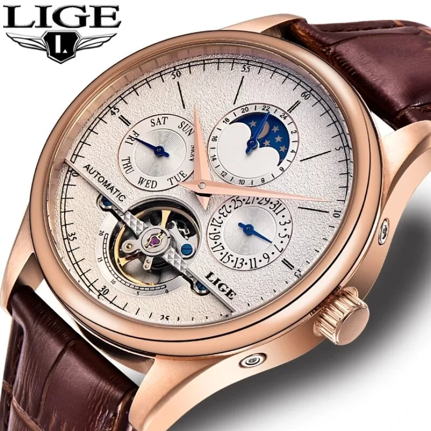 LIGE Men Watches Automatic Mechanical Watch Tourbillon Clock Genuine Leather Waterproof Watch Men Military Wristwatch Man