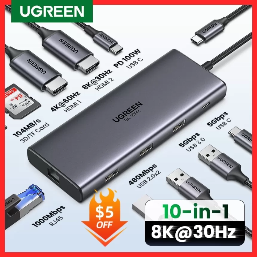 UGREEN Dual HDMI USB HUB 8K HDMI Adapter 10 in 1 Splitter with RJ45 USB 3.0 PD 100W Dock for MacBook Pro Air M2 M1 USB C HUB