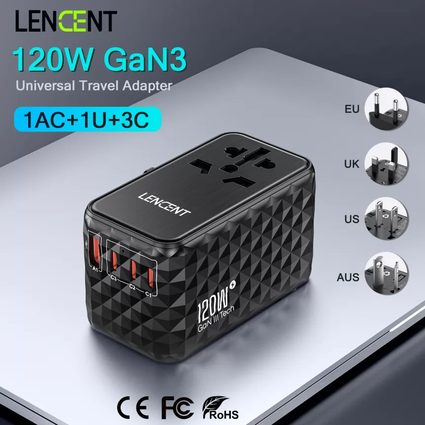 LENCENT 120W GaN International Travel Adapter with1 USB-A+3 Type-C PD3.0 Fast Charging EU/UK/USA/AUS plug Travel Charger