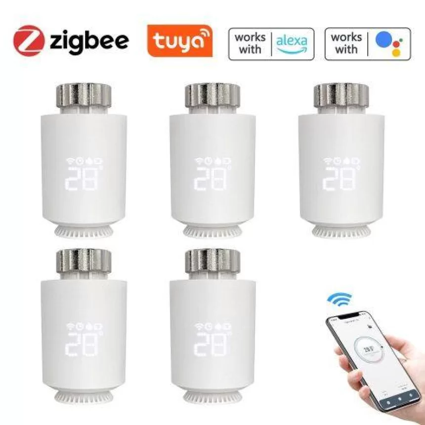 5Pcs Tuya Zigbee Thermostat Radiator Valves Intelligent Wireless Mobile Phone App Control Home Heating Thermostat Compatible with Amazon Alexa Google Home