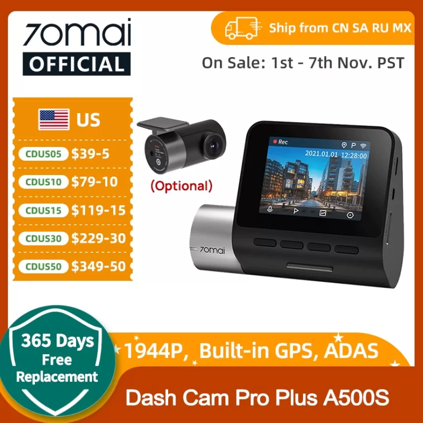 70mai Dash Cam Pro Plus A500S 1944P ADAS GPS Camera 70mai Front Cam A500S 140FOV Car DVR 24H Parking Support Rear Interior Cam