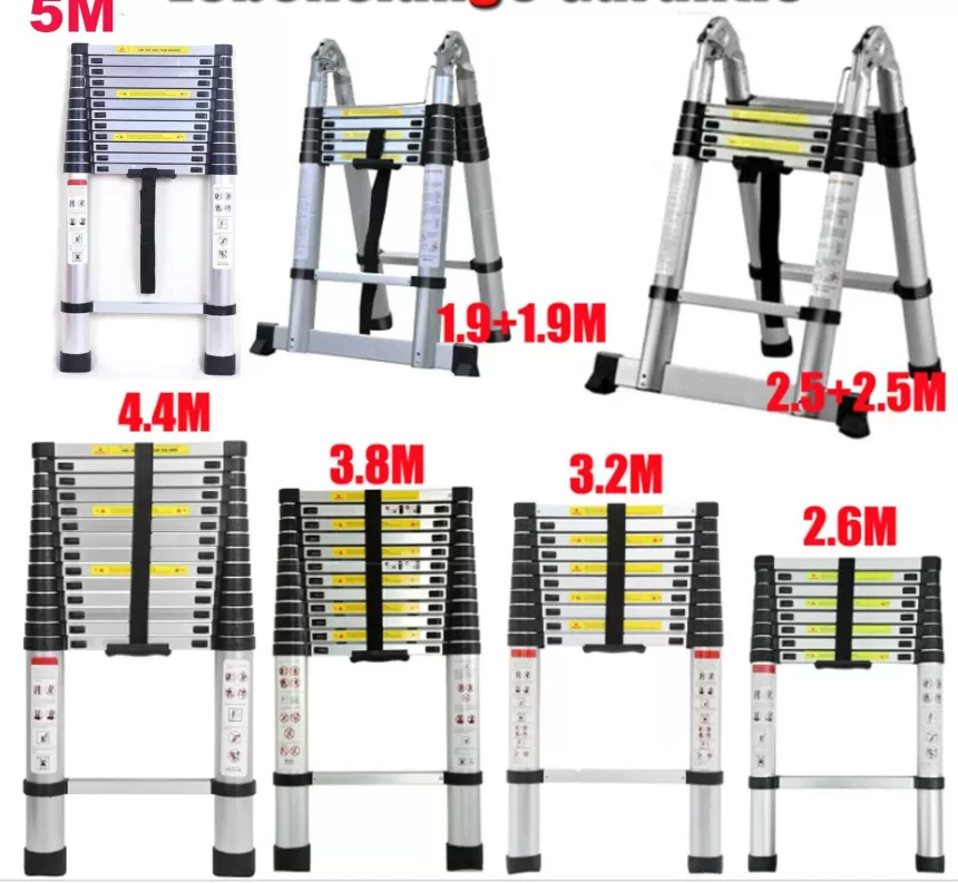 DayPlus 2.6M-5M Telescopic Ladder Sturdy Aluminum Telescoping Extension Ladder 330lb Max Load EN131 for Household Outdoor Work