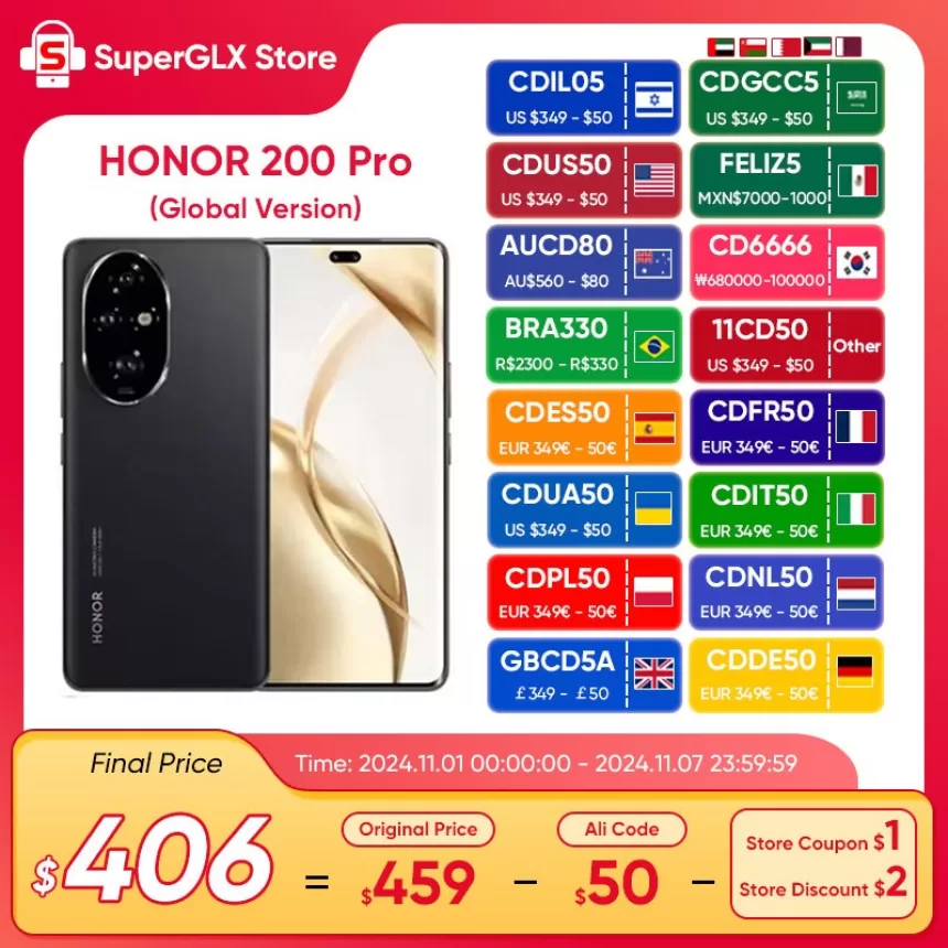 2024 Global Version HONOR 200 Pro Snapdragon 8s Gen 3 5G Smartphone 6.78'' 120Hz AMOLED Display Support HONOR 100W SuperCharge