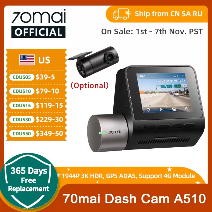 2024 New 70mai Dash Cam A510 1944P HDR GPS ADAS 4G Connectivity 70mai 4G Front Cam A510 Car DVR 24H Parking Support Rear Cam