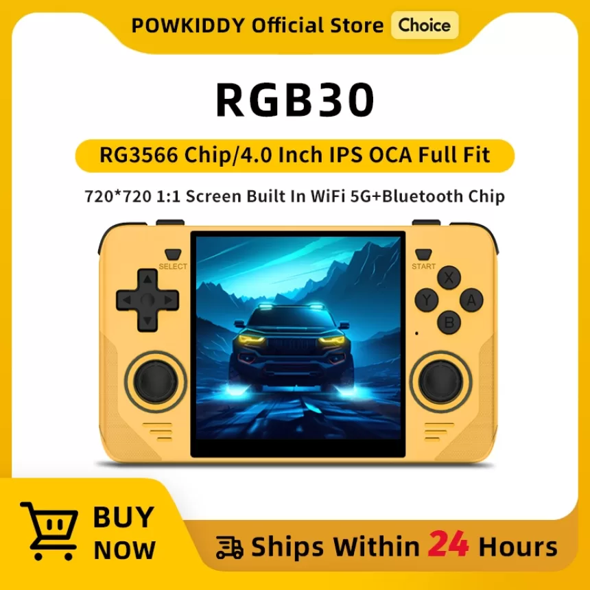 POWKIDDY RGB30 Yellow 720*720 4 Inch Ips Screen Built-in WIFI RK3566 Open-Source Retro Handheld Game Console Children's Gifts