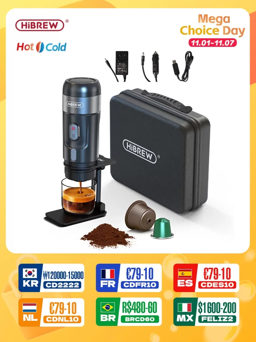 HiBREW Portable Coffee Machine for Car & Home,DC12V Expresso Coffee Maker Fit Nexpresso Dolce Pod Capsule Coffee Powder H4A