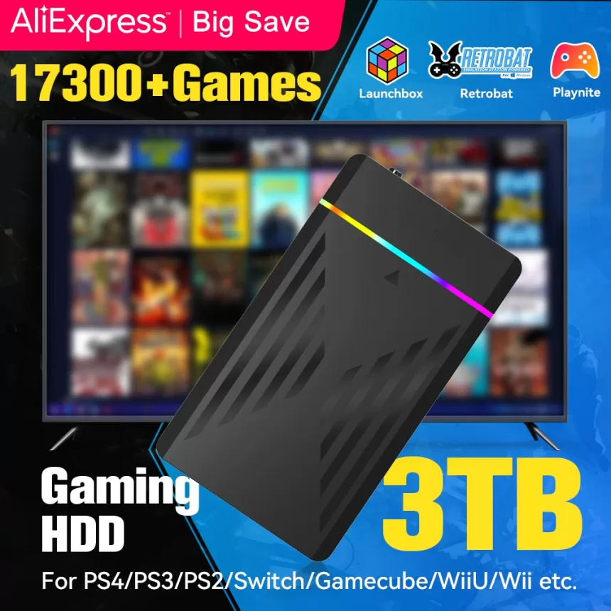 3TB Portable Gaming HDD LaunchBox/Retrobat/Playnite Retro Game Console with 17300+ AAA/3D/Retro Games for PS4/PS3/PS2/Switch/Wii