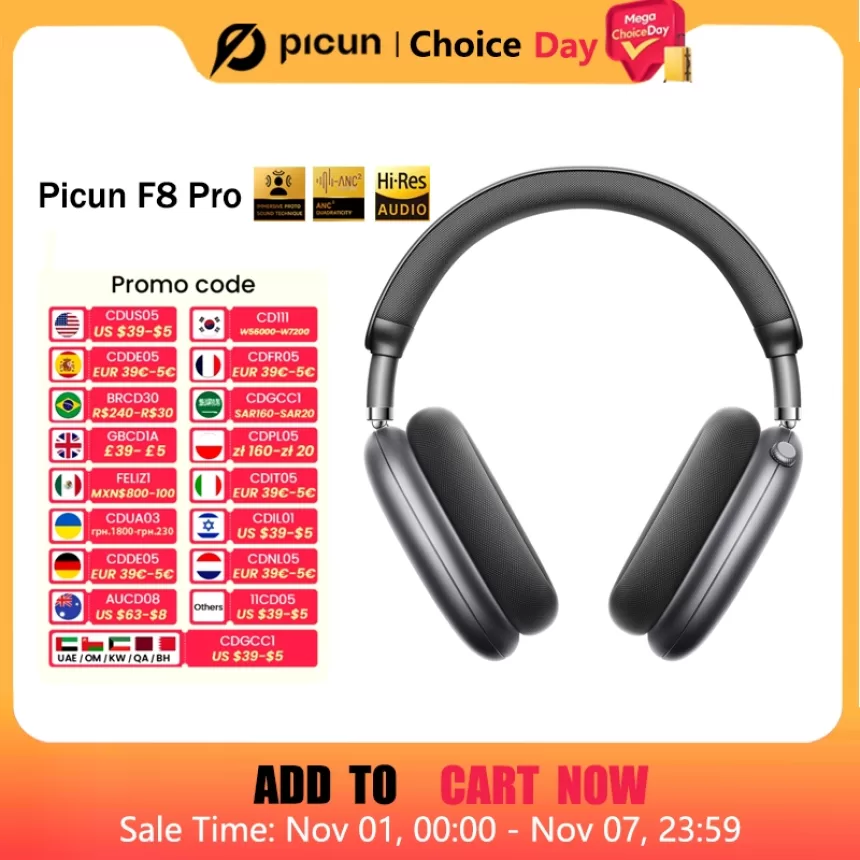 Picun F8 Pro ANC Wireless Headphones Head Tracking 3D Spatial Audio -52dB ANC HIFI Bluetooth Headset ENC HD Mic Low-Latency APP