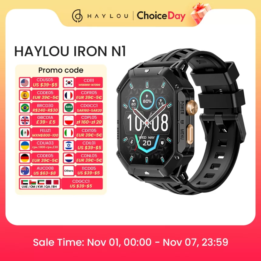 HAYLOU IRON N1 Smart Watch 2.13’’AMOLED Display 5ATM Waterproof Bluetooth Call Sport Smartwatch for Outdoor 30 Days Battery Life