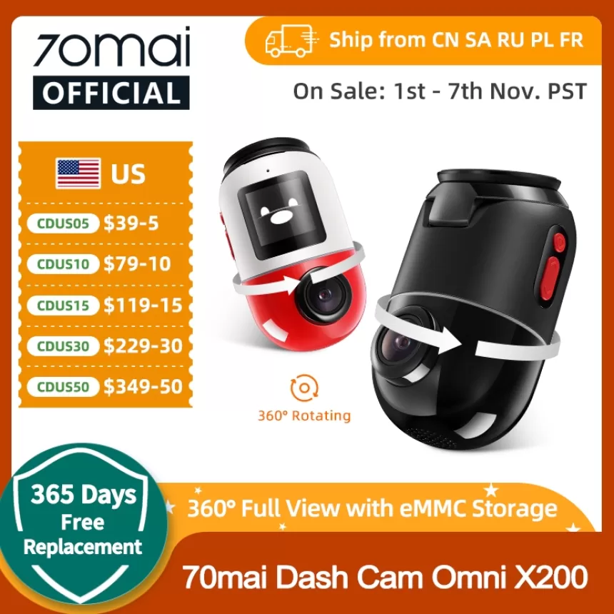 70mai Dash Cam Omni X200 360° Full View Built-in GPS ADAS 70mai Car DVR X200 Camera 24H Parking Monitor eMMC Storage AI Motion