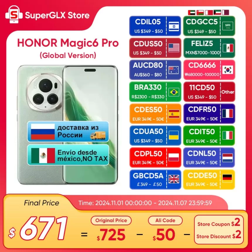 2024 new Global Version HONOR Magic6 Pro Snapdragon 8 Gen 3 6.8'' Quad-Curved Floating Screen 180MP Periscope Telephoto Camera